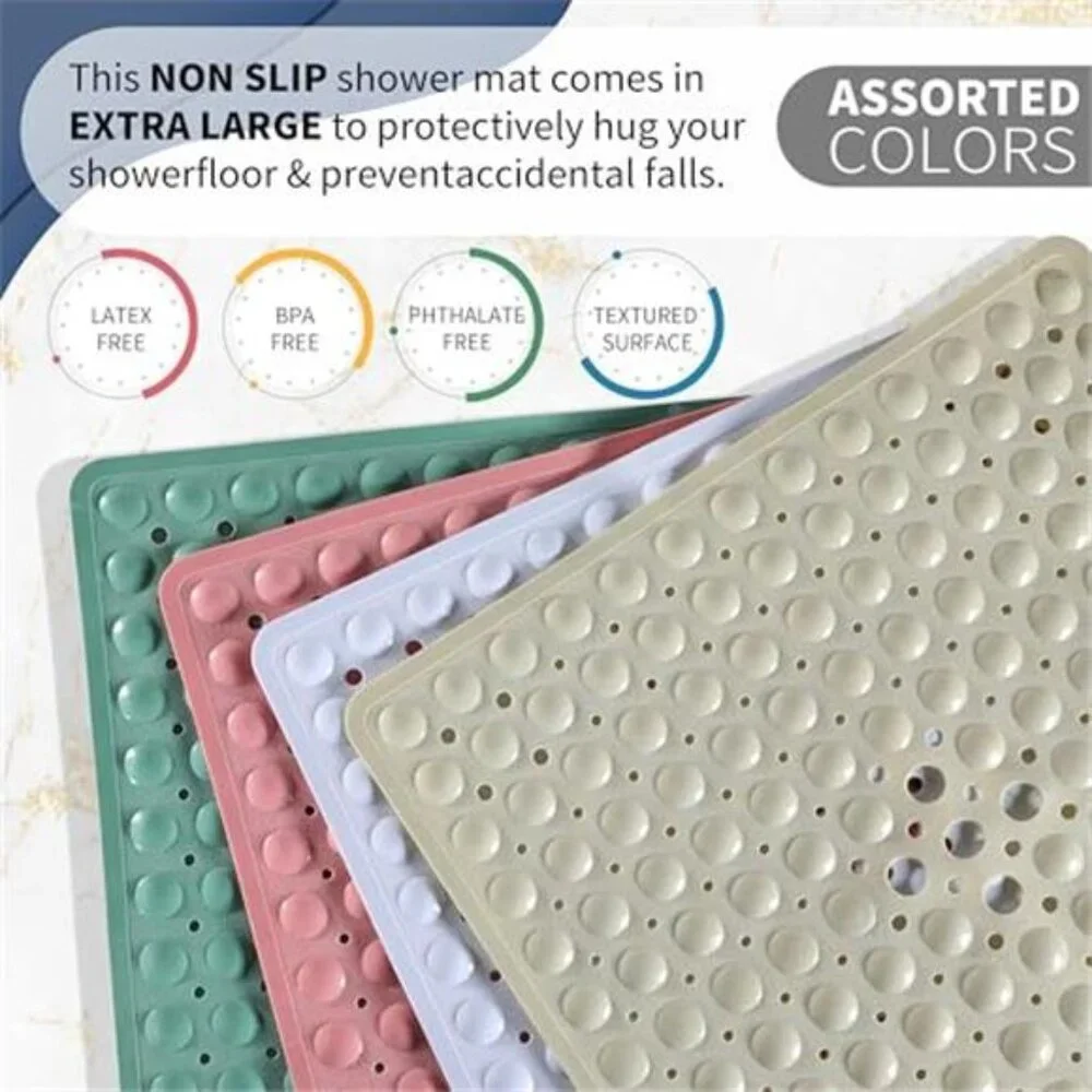Non Slip Shower Mat 21x21 Inch Bath Tub Mat Suction Cups Drain Holes Clear Gray